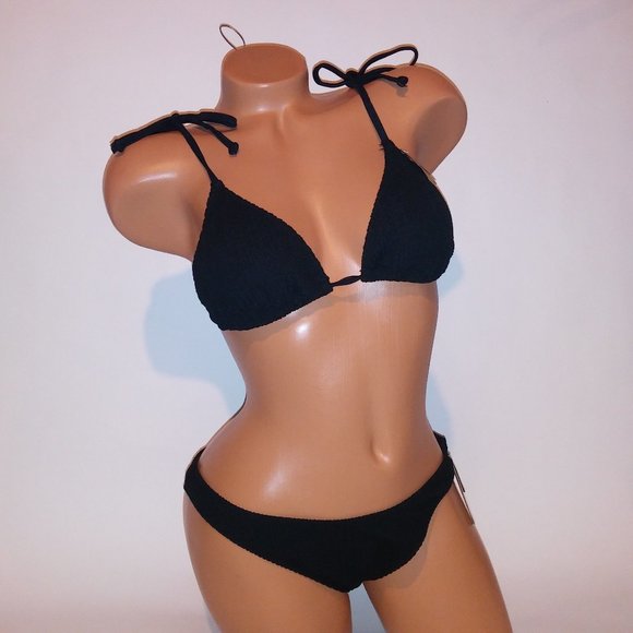 PINK Victoria's Secret Other - Victoria Secret PINK Swim Bikini Large Top & Bottom Black Ribbed Triangle String